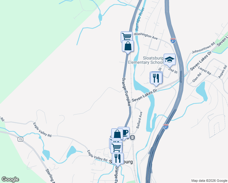 map of restaurants, bars, coffee shops, grocery stores, and more near 27 Post Road in Sloatsburg