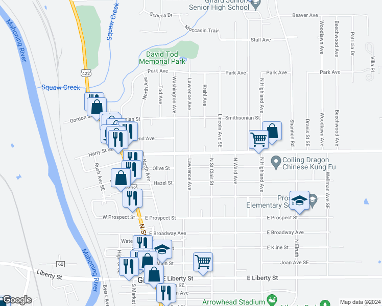 map of restaurants, bars, coffee shops, grocery stores, and more near 718 Lawrence Avenue in Girard