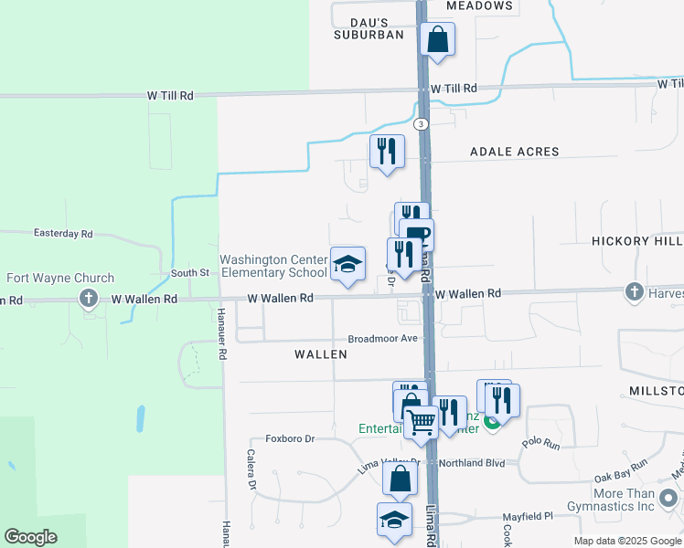 map of restaurants, bars, coffee shops, grocery stores, and more near 1902-1998 W Wallen Rd in Fort Wayne