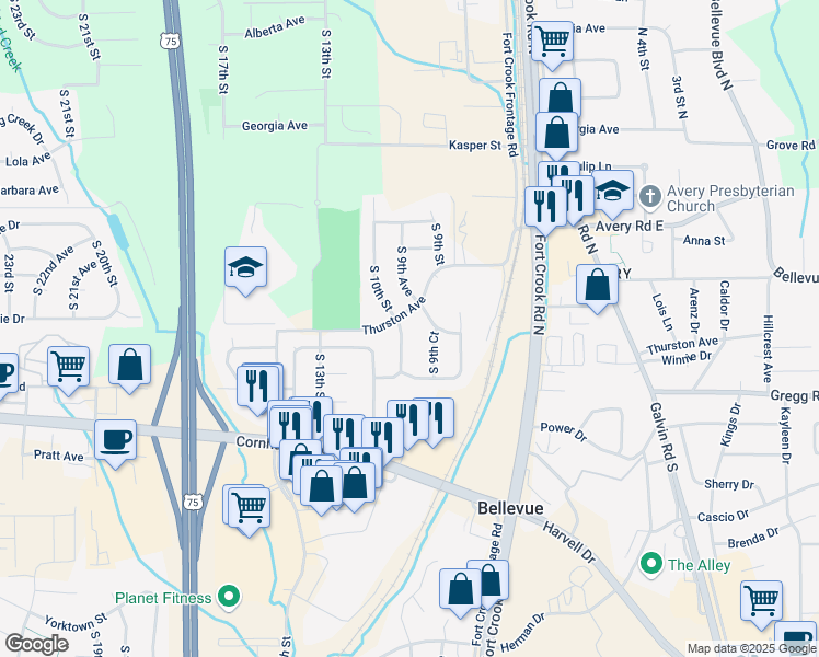 map of restaurants, bars, coffee shops, grocery stores, and more near 10006 South 9th Court in Bellevue