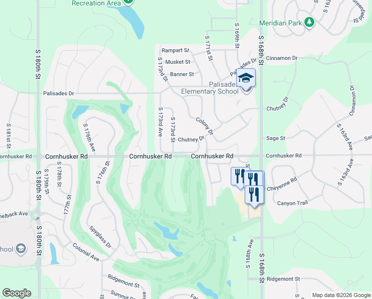 map of restaurants, bars, coffee shops, grocery stores, and more near 9901 South 173rd Circle in Omaha
