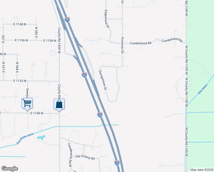 map of restaurants, bars, coffee shops, grocery stores, and more near 11577-11699 Georgetown Drive in De Motte