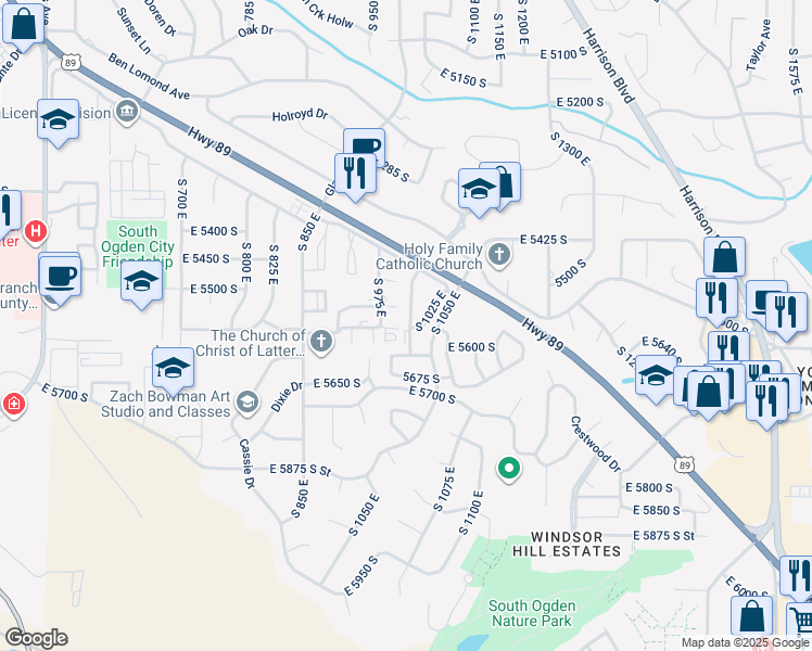 map of restaurants, bars, coffee shops, grocery stores, and more near 5575 South 1000 East in Ogden
