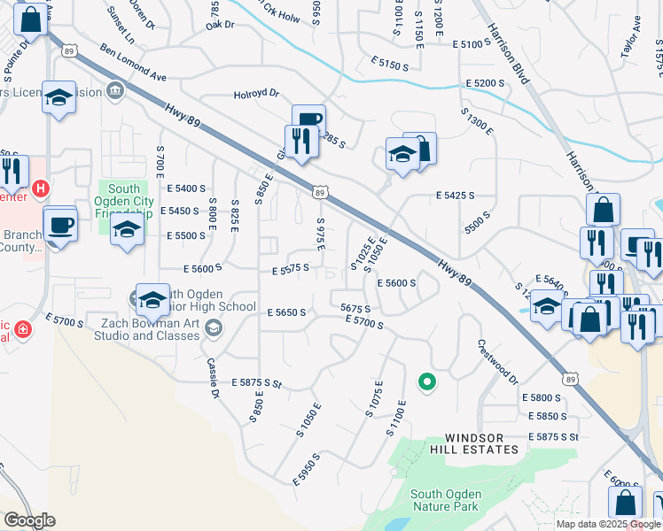 map of restaurants, bars, coffee shops, grocery stores, and more near 980 East 5475 South in Ogden