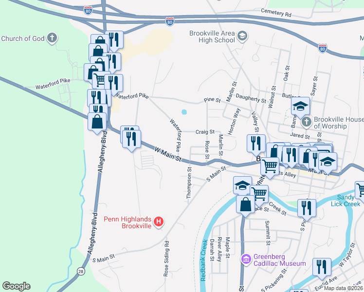 map of restaurants, bars, coffee shops, grocery stores, and more near 102 Thompson St in Brookville