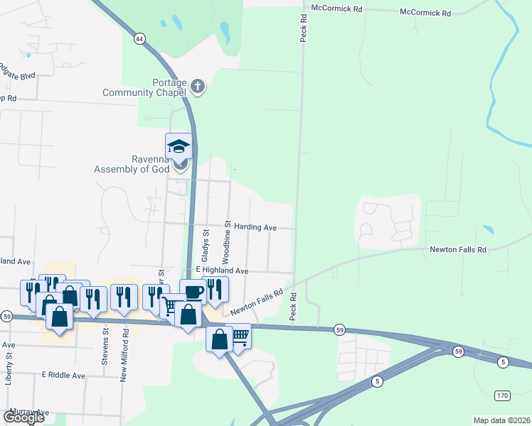 map of restaurants, bars, coffee shops, grocery stores, and more near 4919 Harding Avenue in Ravenna