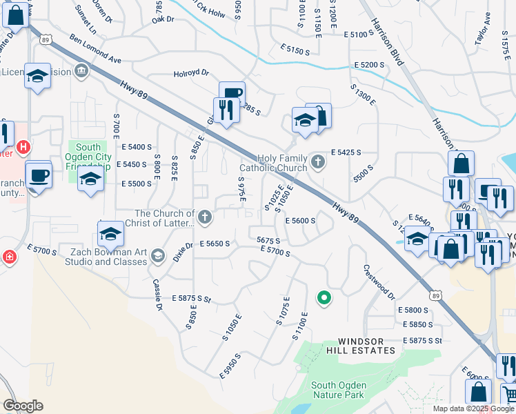map of restaurants, bars, coffee shops, grocery stores, and more near 5575 South 1000 East in Ogden