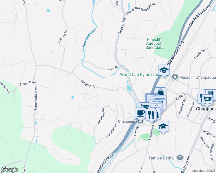 map of restaurants, bars, coffee shops, grocery stores, and more near 101 Douglas Road in Chappaqua