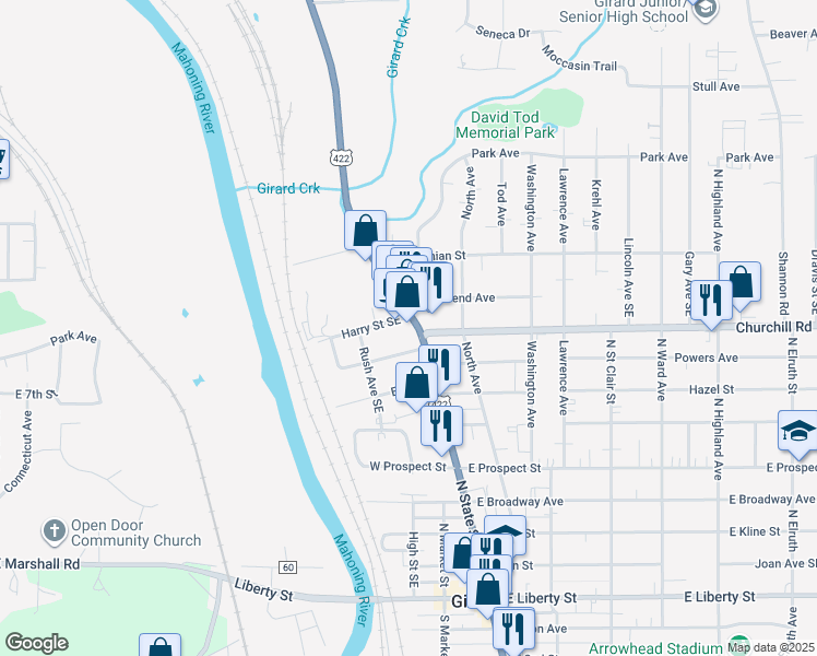 map of restaurants, bars, coffee shops, grocery stores, and more near 30 Stambaugh Street Southeast in Girard