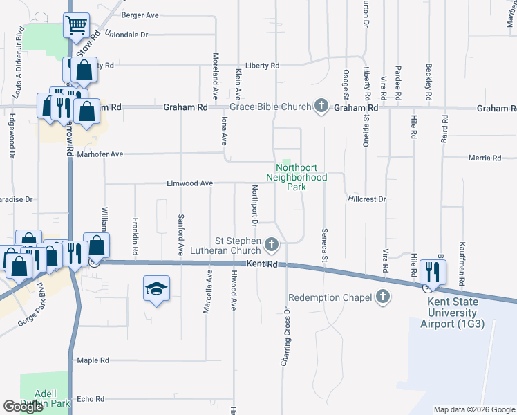 map of restaurants, bars, coffee shops, grocery stores, and more near 3663 Northport Drive in Stow