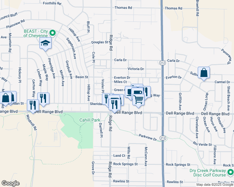 map of restaurants, bars, coffee shops, grocery stores, and more near 3421 Gregg Way in Cheyenne