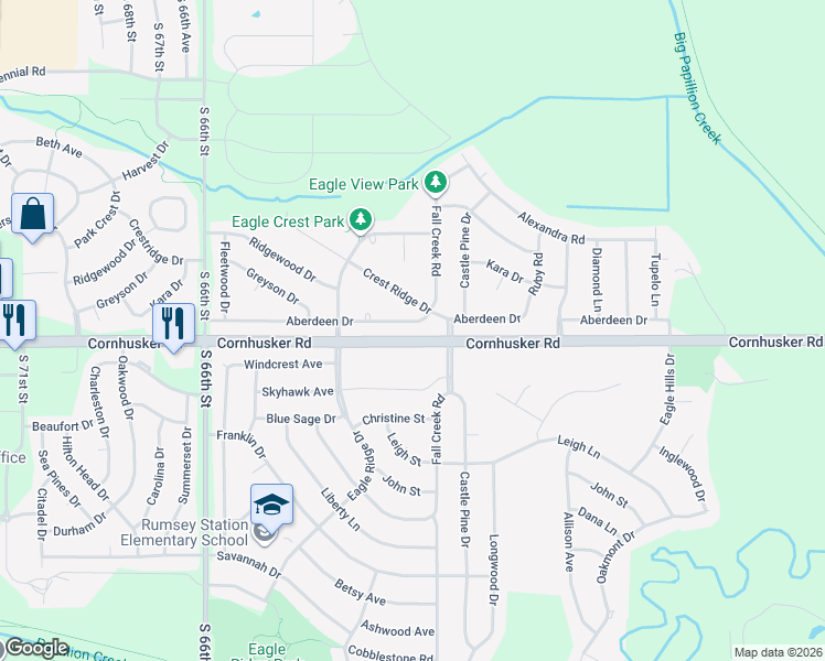 map of restaurants, bars, coffee shops, grocery stores, and more near 2117 Aberdeen Drive in Papillion
