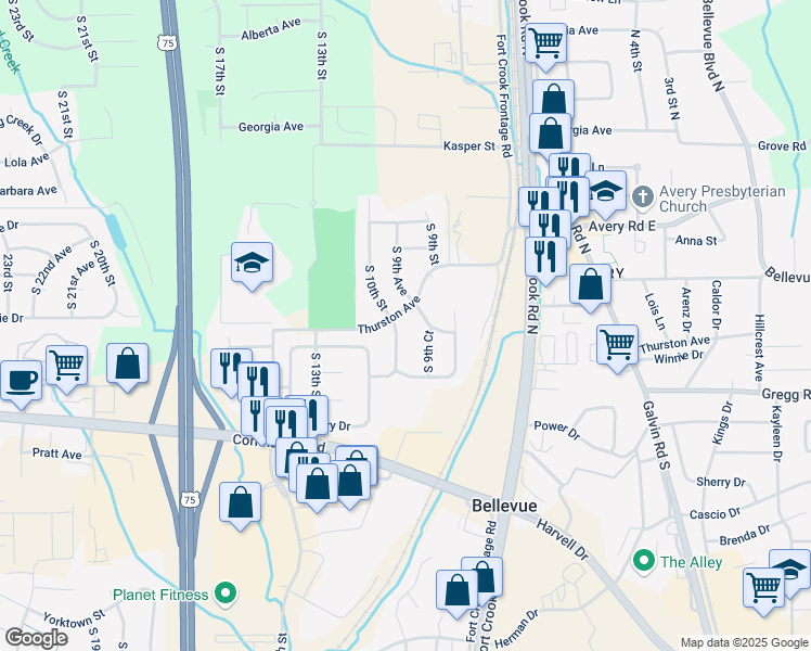 map of restaurants, bars, coffee shops, grocery stores, and more near 10006 South 9th Court in Bellevue