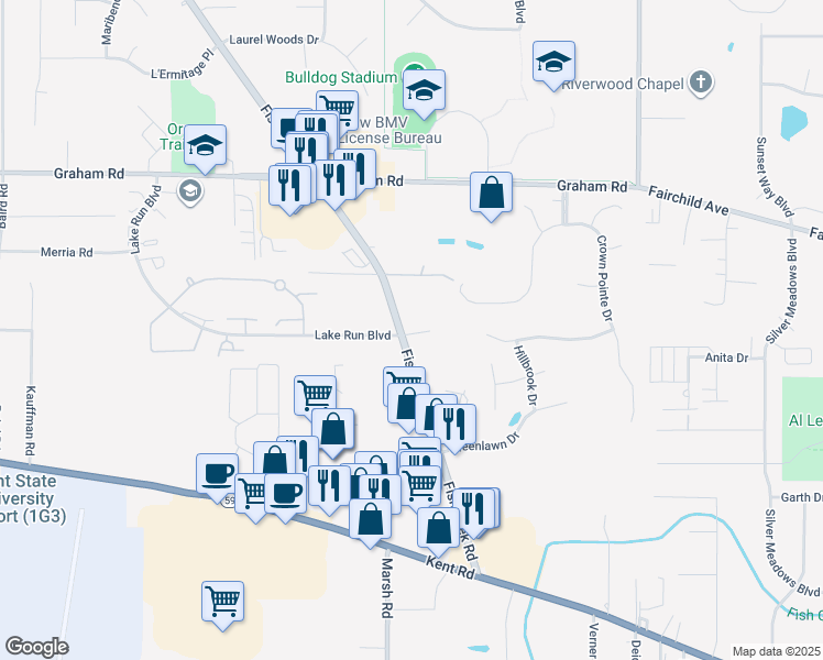 map of restaurants, bars, coffee shops, grocery stores, and more near 2984 Creekside Court in Stow