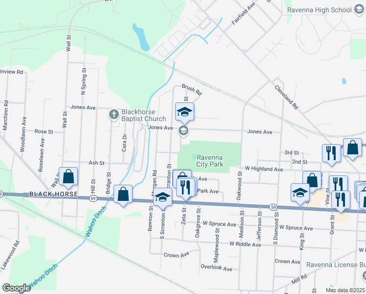 map of restaurants, bars, coffee shops, grocery stores, and more near 1071 Jones Avenue in Ravenna