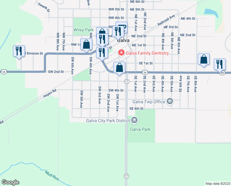 map of restaurants, bars, coffee shops, grocery stores, and more near 400-498 Southwest 1st Avenue in Galva