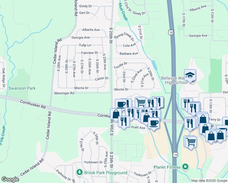 map of restaurants, bars, coffee shops, grocery stores, and more near 2403 Morrie Drive in Bellevue