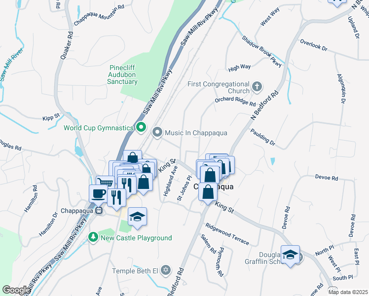 map of restaurants, bars, coffee shops, grocery stores, and more near 27 Castle Road in Chappaqua