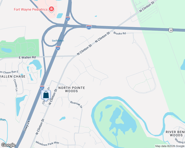 map of restaurants, bars, coffee shops, grocery stores, and more near 8623-8699 Robison Court in Fort Wayne