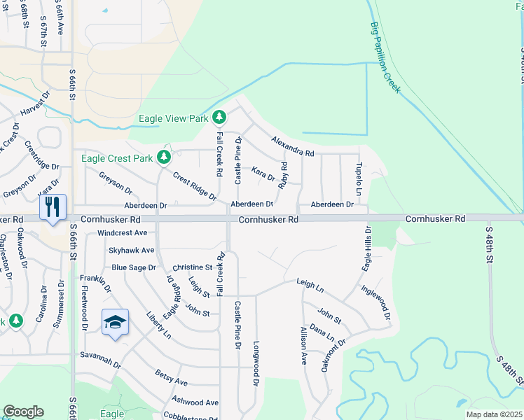 map of restaurants, bars, coffee shops, grocery stores, and more near 2213 Aberdeen Drive in Papillion