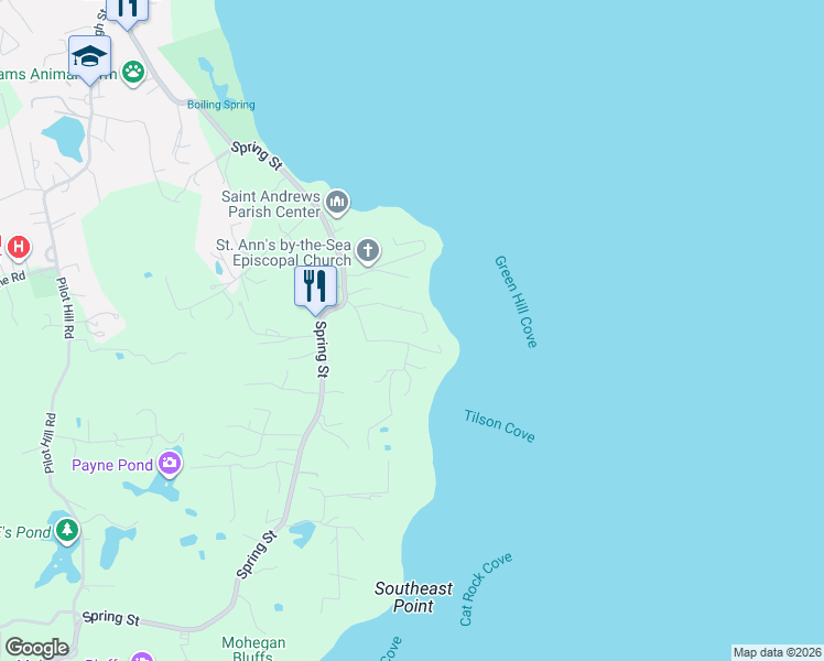 map of restaurants, bars, coffee shops, grocery stores, and more near 304 Southeast Road in New Shoreham