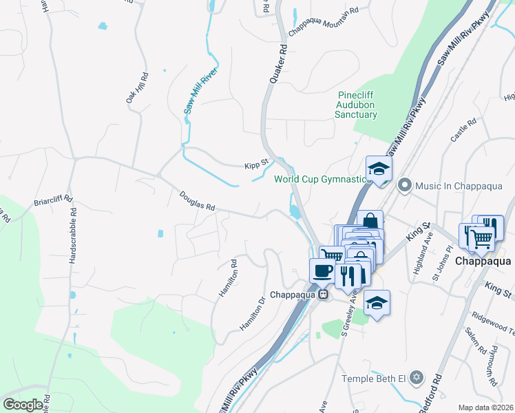 map of restaurants, bars, coffee shops, grocery stores, and more near 101 Douglas Road in Chappaqua