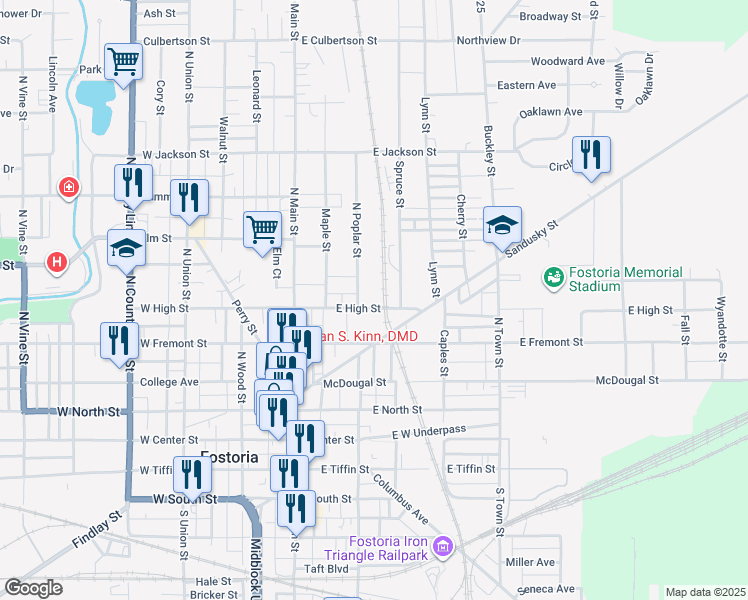 map of restaurants, bars, coffee shops, grocery stores, and more near 301-321 E High St in Fostoria