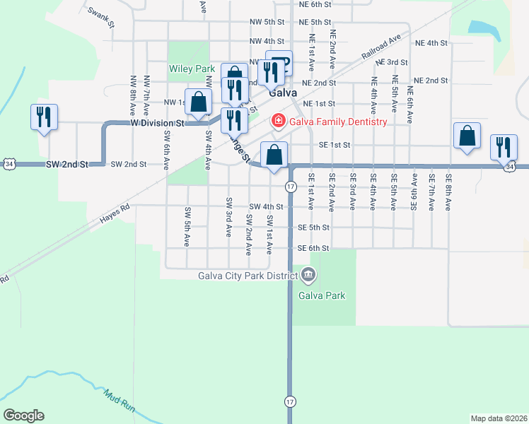 map of restaurants, bars, coffee shops, grocery stores, and more near 400-498 Southwest 1st Avenue in Galva