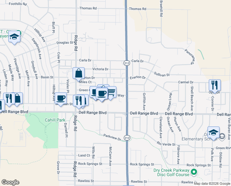 map of restaurants, bars, coffee shops, grocery stores, and more near 3830 Gregg Way in Cheyenne