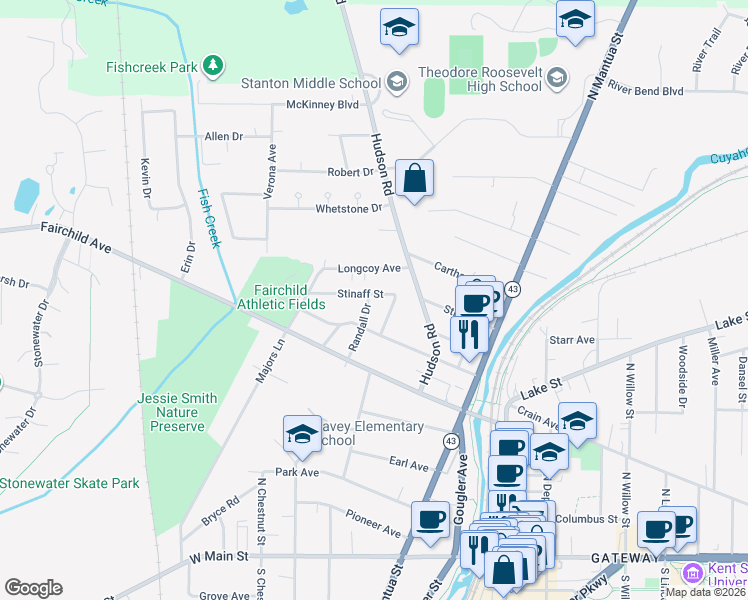 map of restaurants, bars, coffee shops, grocery stores, and more near 705 Cuyahoga Street in Kent