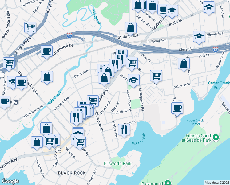 map of restaurants, bars, coffee shops, grocery stores, and more near 233 Monroe Street in Bridgeport