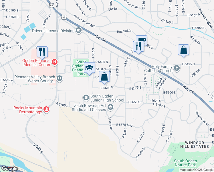 map of restaurants, bars, coffee shops, grocery stores, and more near 5611 South 800 East in Ogden