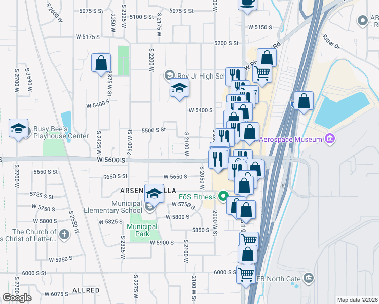 map of restaurants, bars, coffee shops, grocery stores, and more near 2093 West 5600 South in Roy