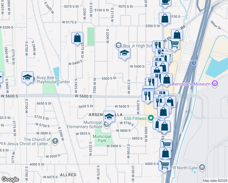map of restaurants, bars, coffee shops, grocery stores, and more near 2197 West 5600 South in Roy