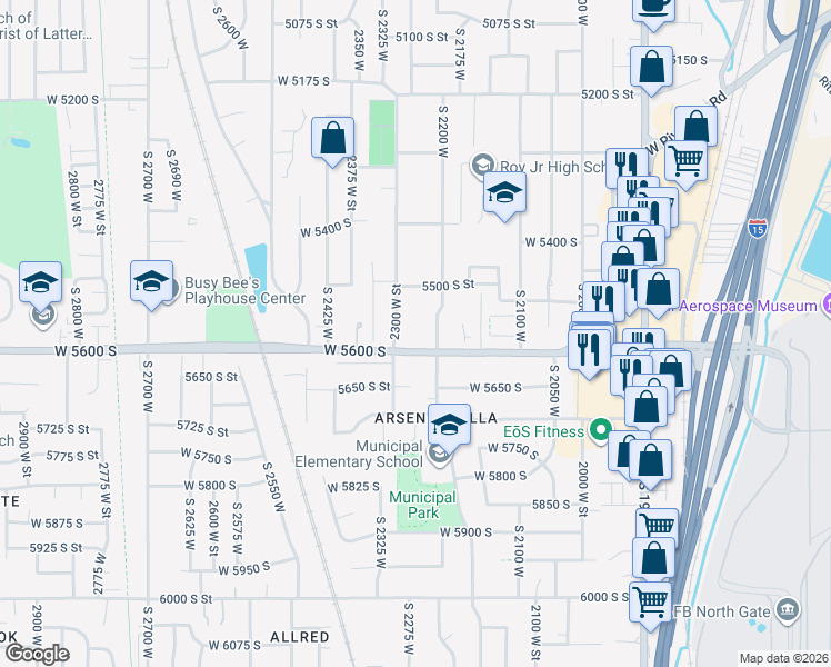 map of restaurants, bars, coffee shops, grocery stores, and more near 2269 West 5600 South in Roy