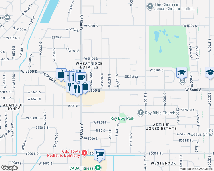 map of restaurants, bars, coffee shops, grocery stores, and more near 3343 West 5600 South in Roy
