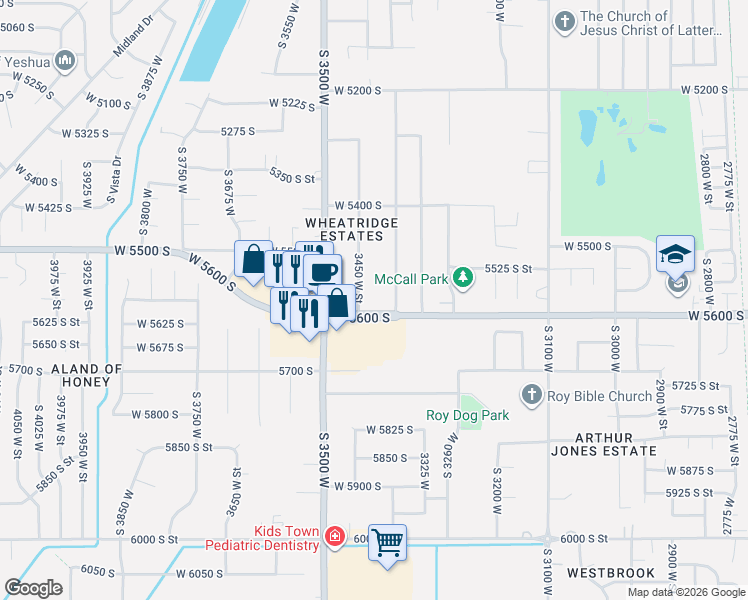 map of restaurants, bars, coffee shops, grocery stores, and more near 5591 South 3400 West in Roy