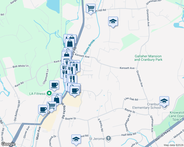 map of restaurants, bars, coffee shops, grocery stores, and more near 103 Fawn Ridge Lane in Norwalk