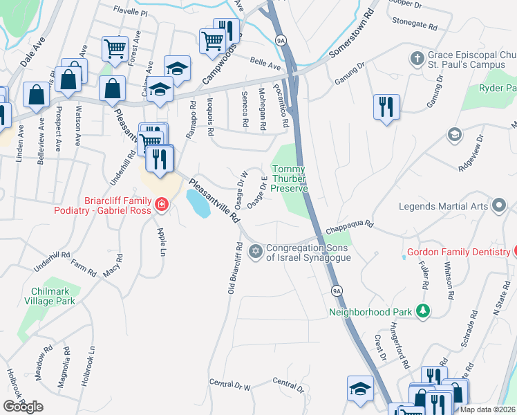 map of restaurants, bars, coffee shops, grocery stores, and more near 59 Hemlock Road in Briarcliff Manor