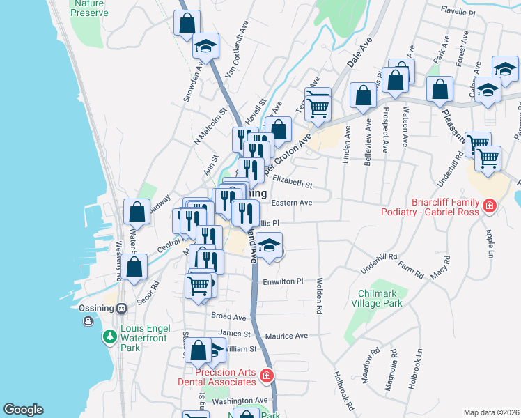 map of restaurants, bars, coffee shops, grocery stores, and more near 11 Ellis Place in Ossining