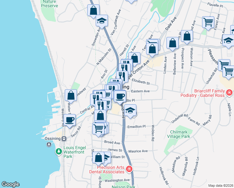 map of restaurants, bars, coffee shops, grocery stores, and more near 200 Main Street in Ossining