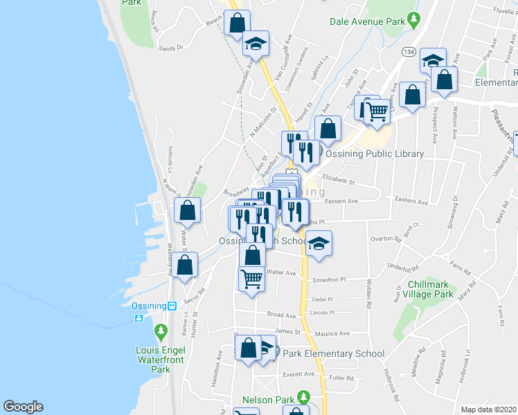 map of restaurants, bars, coffee shops, grocery stores, and more near 55 Central Avenue in Ossining
