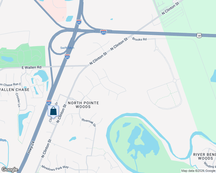 map of restaurants, bars, coffee shops, grocery stores, and more near 8623-8699 Robison Court in Fort Wayne