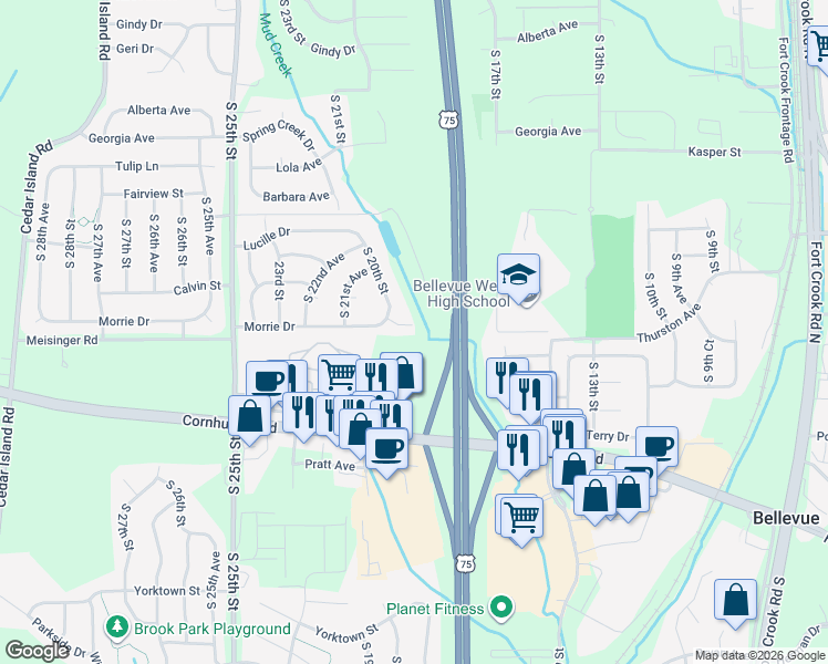 map of restaurants, bars, coffee shops, grocery stores, and more near 1917 Morrie Drive in Bellevue