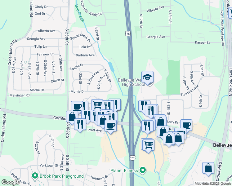 map of restaurants, bars, coffee shops, grocery stores, and more near 1921 Morrie Drive in Bellevue