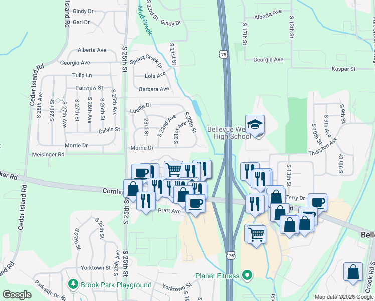 map of restaurants, bars, coffee shops, grocery stores, and more near 2011 Morrie Drive in Bellevue