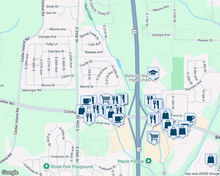 map of restaurants, bars, coffee shops, grocery stores, and more near 2011 Morrie Drive in Bellevue