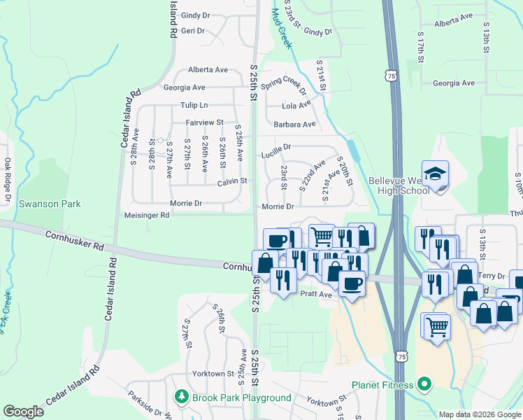 map of restaurants, bars, coffee shops, grocery stores, and more near 2403 Morrie Drive in Bellevue