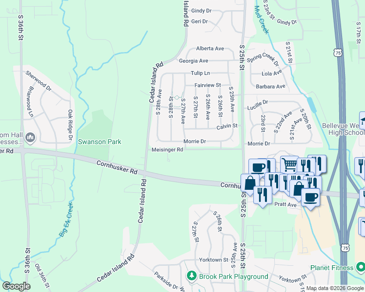 map of restaurants, bars, coffee shops, grocery stores, and more near 2713 Morrie Drive in Bellevue