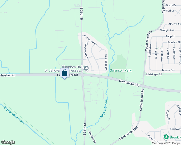 map of restaurants, bars, coffee shops, grocery stores, and more near 3403 Cornhusker Road in Bellevue